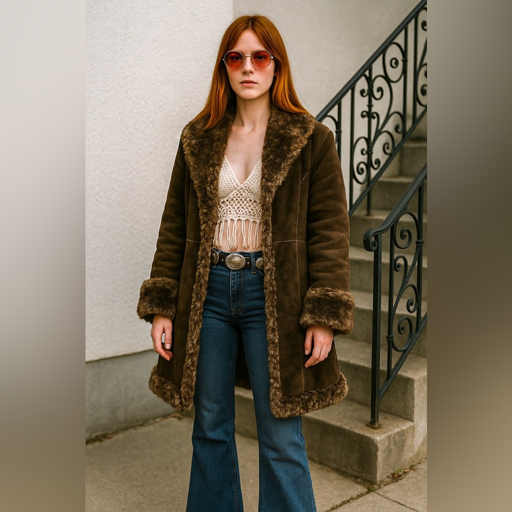 Vintage Brown Faux-Fur Trim Trench Coat